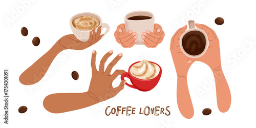 Coffee set. Hands holding different cups with different coffee recipes and Coffee Lovers text . Vector hand drawn Template of banner, coffee shop poster , restaurant, company, cafe. Coffee break