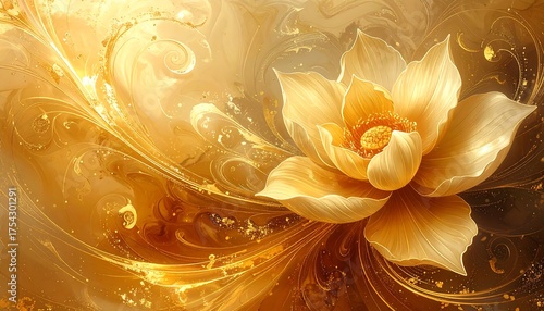 An abstract golden floral artwork. Swirling tendrils flow around a luminous, glowing flower