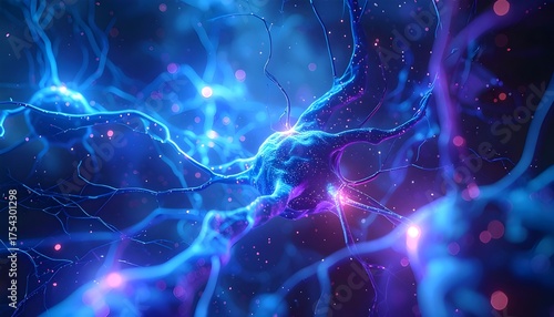 3D cinematic visualization of glowing neural pathways connecting abstract nodes in blue light, symbolizing brain connectivity and biophysics
