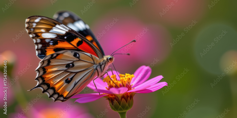 Obraz premium Orange and black butterfly on pink daisy flower feeding with blurred garden background, delicate insect close up