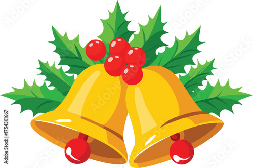 Festive golden christmas bells with holly berries vector illustration for holiday design