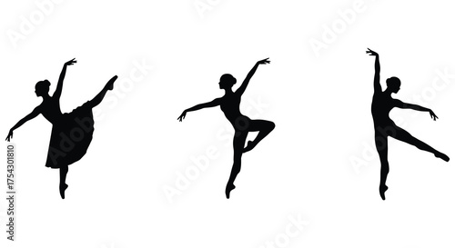 Three elegant female ballet dancers captured in graceful poses showcasing their artistic movements and silhouette