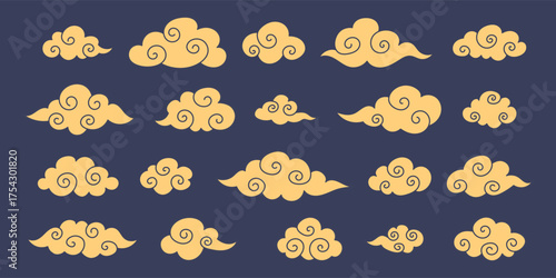 Set of Asian clouds. Traditional Chinese and Japanese clouds. Decorative and ornamental cloud design. Vector illustration.