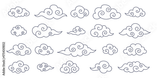 Set of outlines of Asian clouds. Minimalistic Chinese and Japanese linear clouds for patterns, print and digital design.