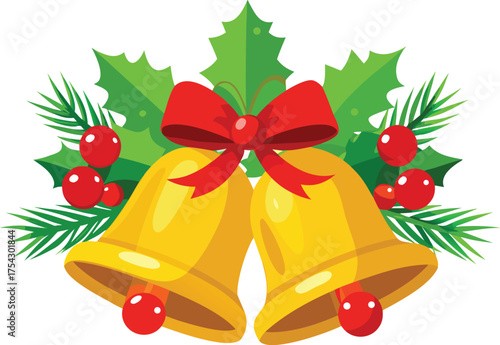 Festive golden christmas bells with holly and pine needles vector illustration