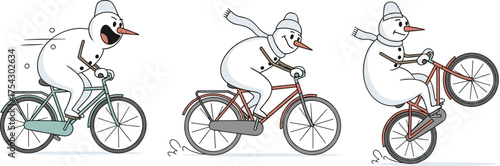 Funny Cartoon Snowmen Riding Bicycles and Doing Wheelies Vector Illustration Set