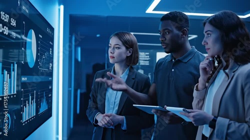 Three professionals in a modern office analyze a digital display with charts, data, and graphs