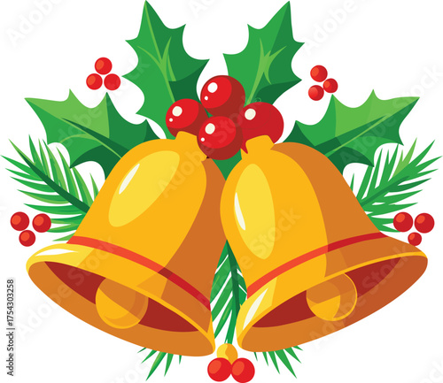 Festive golden christmas bells with holly and pine needles holiday decoration vector illustration