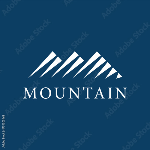 The image shows a flat logo design of a mountain with three peaks made from lines in white color on a blue background
