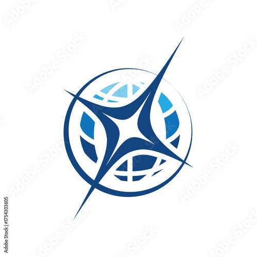 The image shows a flat logo design of a globe with a four point star on the middle in blue color on a white background