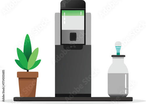 Modern sleek countertop water cooler with plant and bottle vector illustration