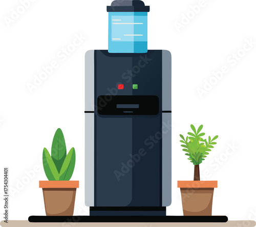Sleek modern countertop water cooler with blue water bottle and potted plants vector illustration