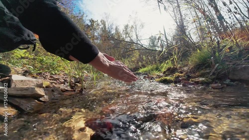 In a peaceful spot by a flowing stream, a hand touches the clear water, surrounded by greenery and autumn leaves, highlighting natures stunning beauty and tranquility in this serene landscape