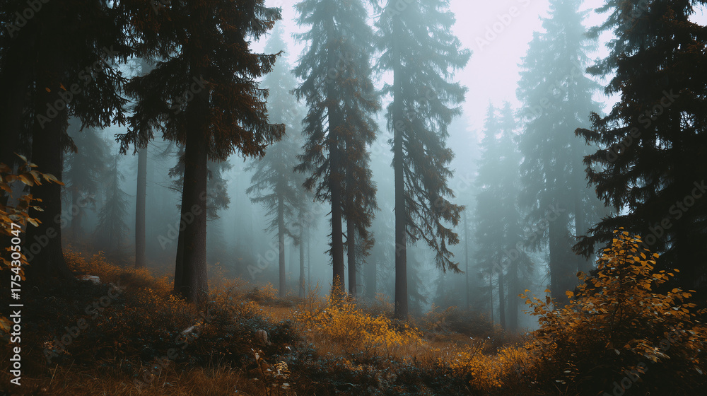 Obraz premium Misty pine forest in autumn with golden foliage on the ground, atmospheric nature landscape with fog and tall trees in moody light