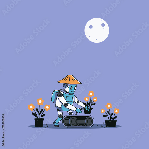 Robot gardening under the moonlight A colorful vector illustration of AI and nature working together