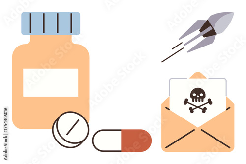 Medicine bottle, pills, poison envelope, and rocket portray health risks and threats. Ideal for healthcare, danger, warning, pharmaceutical, urgency safety and metaphorical messaging in a simple