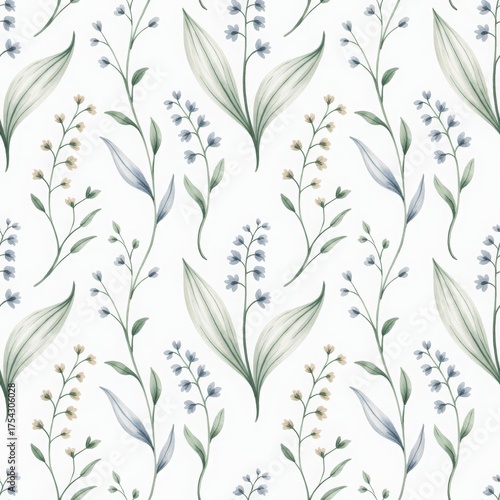 Botanical seamless texture with bell-shaped blooms and elongated leaves. Nature-inspired artwork for wrapping paper, fabric or editorial use.