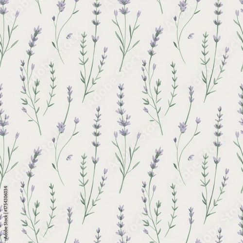 Botanical seamless texture featuring lavender stems and leaves. Nature-inspired artwork for wrapping paper, fabric or editorial use.