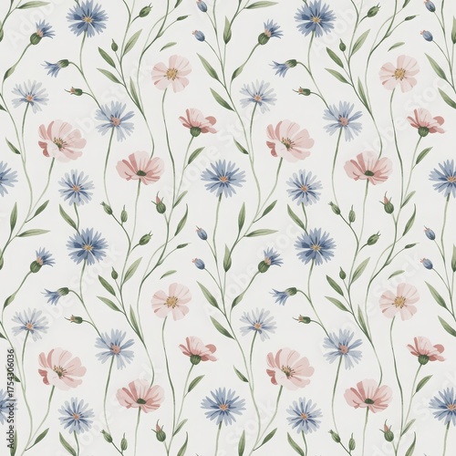 Botanical seamless texture featuring varied pastel blooms and leafy stems. Romantic spring artwork for wrapping paper, fabric or editorial use.