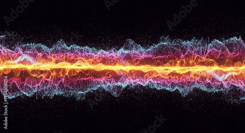 A vibrant stream of colorful glowing particles forming a futuristic digital waveform on a black background