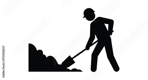 A construction worker silhouette digging a pile of dirt with a shovel on a white background silhouette