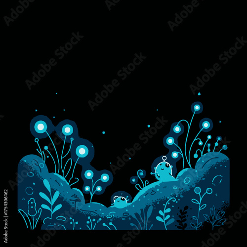 Cartoon Underwater Scene with Glowing Plants, Friendly Creatures and Dark Background