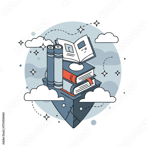 Creative reading concept A flat vector illustration of books, clouds, and a literary theme