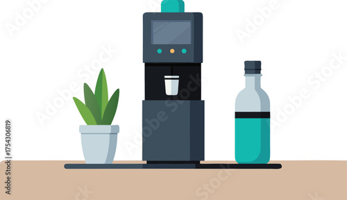 Sleek modern countertop water cooler with plant and water bottle vector illustration