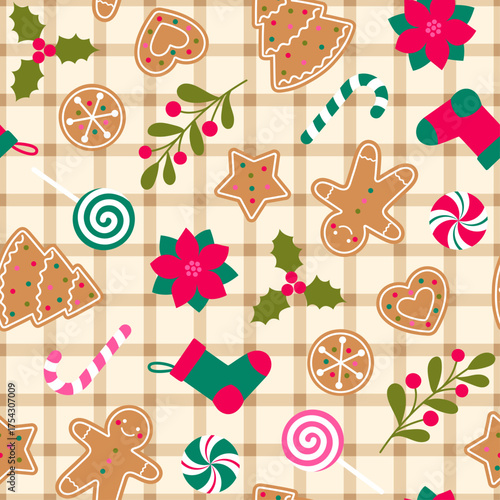 Cute cookies and Christmas elements with plaid pattern design for christmas and new year holidays background.