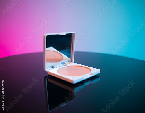 Wallpaper Mural Open compact powder makeup with mirror reflecting on a glossy surface with neon lighting Torontodigital.ca