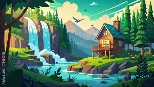 a wooden cabin near a tall waterfall surrounded by lush green forest, mist rising from the falls, birds flying in morning light, and calm blue river flowing beside the house.
