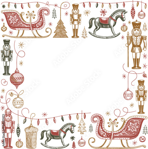 Vintage christmas border with nutcrackers sleighs ornaments and rocking horses for holiday design