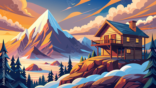 a wooden cabin perched on a steep mountain cliff, clouds below, snow peaks in distance, and warm sunrise lighting the rocks.