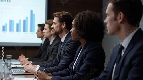 A business meeting shows diverse professionals seated in a row, looking at a presentation
