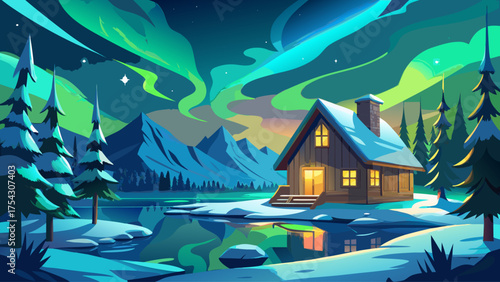 a wooden cabin under bright aurora borealis, snowy landscape, frozen lake, and glowing green lights in starry Arctic sky.