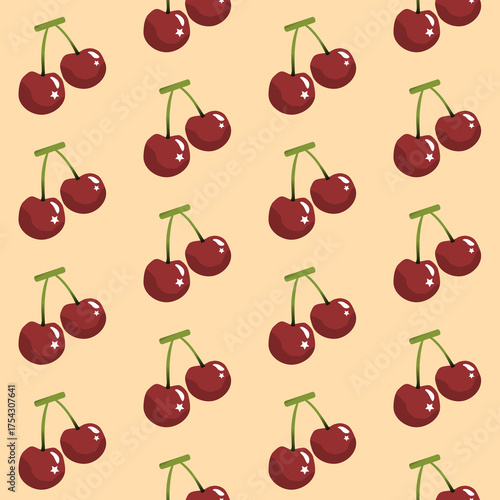 A seamless, repeating pattern featuring clusters of deep red cherries with green stems. The cherries are arranged in a diagonal grid against a solid light peach/apricot background
