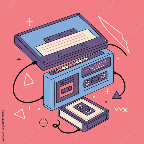 Colorful flat vector illustration of nostalgic retro audio cassettes and a classic portable player, evoking the vibrant 80s and 90s music culture and analogue sound technology