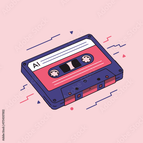 Colorful Isometric Vector Illustration of a Vintage Music Cassette, Modern Flat Design Style with Dynamic Elements for Retro Themes