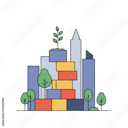 Clean flat vector illustration of a modern city skyline with vibrant buildings, green trees, and a plant, symbolizing sustainable urban development, eco-friendly architecture, and future city planning