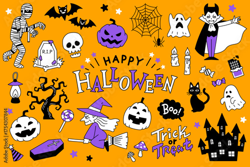 ハロウィンのかわいいイラスト素材集（オレンジ背景）