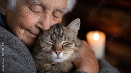 Elderly woman embraces her happy cat in cozy setting
