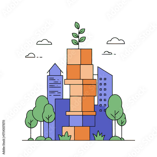 Flat vector illustration of sustainable urban development, showing a plant on modern city buildings, symbolizing green architecture, eco-friendly progress, and future growth