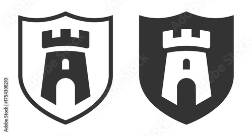 Two shields with a castle on them. One shield is black and the other is white. The castle is on the shield and it is a symbol of protection. vector.
