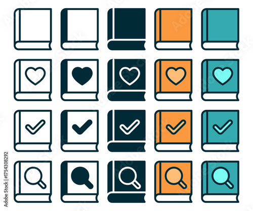 A collection of book icons with a heart and a check mark. The icons are arranged in a grid with a total of 12 rows and 12 columns. Vector.