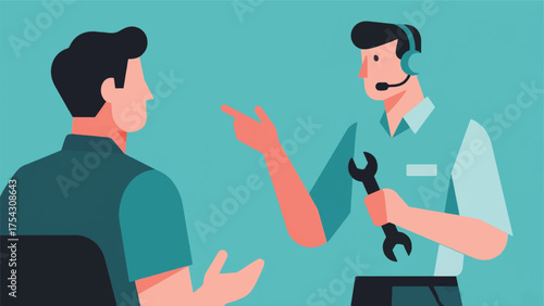 Illustration Of A Customer Is Describing A Technical Issue, The Support Agent, Holding A Wrench Icon, Is Giving Clear Instructions Vector Design Template