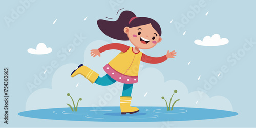 Happy girl in raincoat and boots playing in puddles on a rainy day with cartoon clouds and raindrops