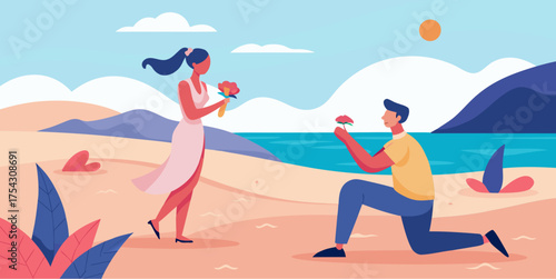 Man proposing to woman on a beach with flowers at sunset in romantic flat style illustration