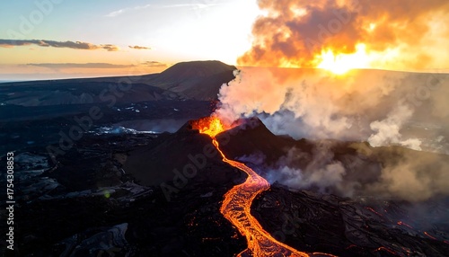 Fototapeta Naklejka Na Ścianę i Meble -  Aerial view of a volcanic eruption with flowing lava, steam, and a vibrant sunset sky