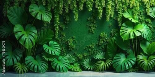 A vibrant botanical display showcasing an abundant variety of rich green tropical foliage climbing and thriving on a textured wall, creating a lush, serene natural background.