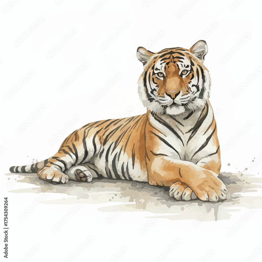 Obraz premium Majestic Watercolor Tigers on White Background – Artistic Wildlife Illustrations in High Resolution